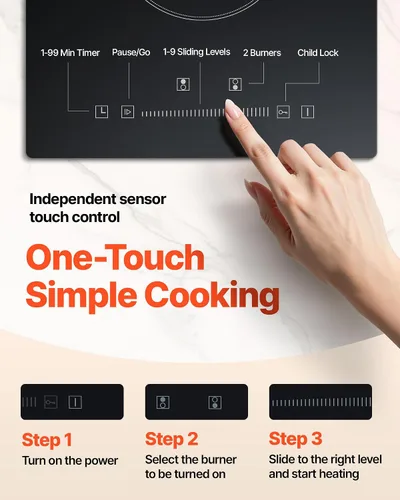 Vista 5 de VEVOR - Estufa eléctrica integrada, encimera de 12 pulgadas con 2 quemadores, cocina radiante de vidrio de 240 V con control táctil de sensor