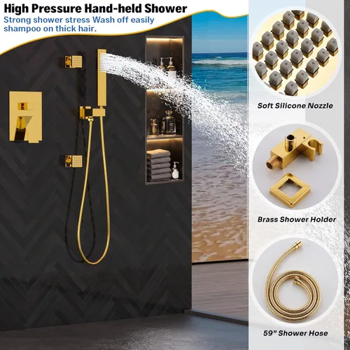Vista 8 de ENGA Sistema de ducha dorado brillante con chorros corporales, 2 en 1 funciones de montaje en techo, cabezal de ducha LED de 14 x 20 pulgadas con 4