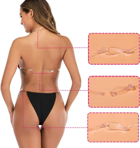 Vista 4 de Joyhas Bikini de tirantes transparentes para mujer, conjunto de bikini de teñido anudado, traje de baño triangular, tirantes transparentes