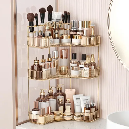 Vista 12 de BEFSOP Organizador de esquina para mostrador de baño, organizador de maquillaje mejorado de 2 niveles con soporte para brochas de maquillaje