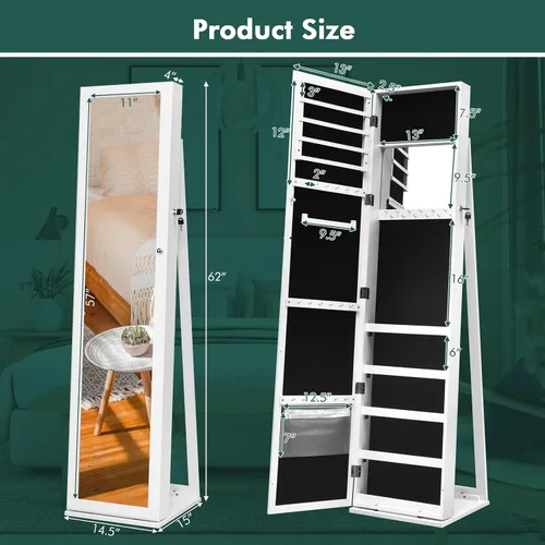 Vista 7 de LOKO Gabinete de joyería con cerradura, organizador de maquillaje de gran capacidad con espejo de cuerpo entero, espejo de maquillaje integrado, 5