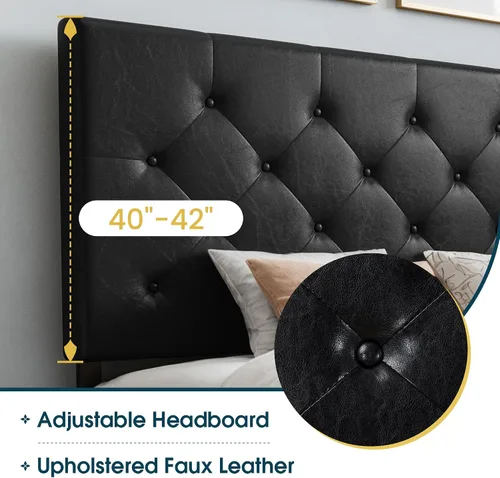 Vista 4 de WEEWAY Base de cama de plataforma tamaño King con 4 cajones de almacenamiento, cabecera capitonada con botones de costura de diamante, base de Negro