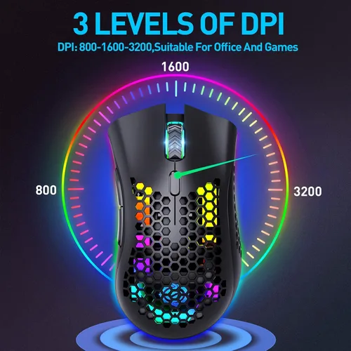 Vista 5 de Mouse inalámbrico ligero para juegos, mouse inalámbrico recargable de 2.4 G con carcasa de panal de abeja, 7 botones, DPI ajustable, receptor USB