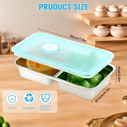 Vista 2 de 2 recipientes de acero inoxidable con tapas, reutilizables, de doble compartimento, para almuerzo y condimentos, para preparación de comidas