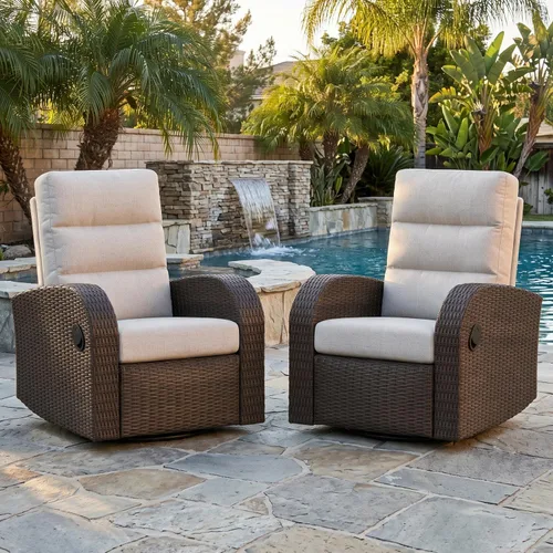 Vista 24 de LayinSun Sillón reclinable giratorio de mimbre de gran tamaño con respaldo ajustable y reposapiés, sillón reclinable para patio Gris