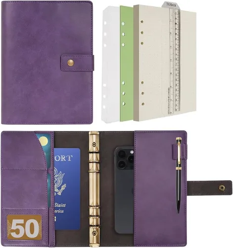 Vista 16 de WONDERPOOL Cuaderno de cuero recargable, cuaderno en espiral, carpeta de carpetas de diario A5 con puntos y bolsillos interiores para viajes, Marrón