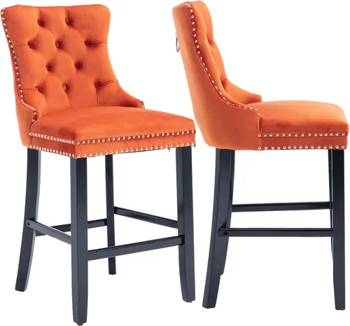 Vista 33 de Taburetes de bar tapizados de terciopelo modernos de 27 pulgadas con patas de madera, botón con cabeza de clavo cromada, taburetes de bar con Beige