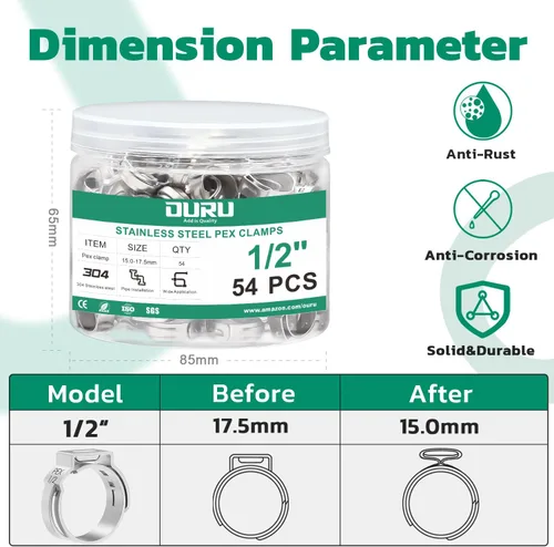 Vista 2 de OURU 54 piezas de anillo de crimpado de 1/2 pulgada PEX, abrazaderas de cincha PEX de acero inoxidable 304, abrazaderas de manguera de una oreja