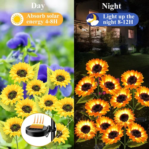 Vista 4 de Luces de jardín alimentadas por energía solar, paquete de 3 luces solares para exteriores con 9 girasoles más grandes, impermeables, realistas