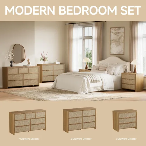 Vista 7 de Cómoda de ratán con 6 cajones para dormitorio, cómoda de 47.2 Roble natural
