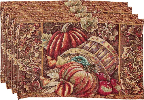 Vista 6 de Colección Fall Harvest - Tapiz Cornucopia con diseño de calabazas y frutas, juego de cuatro manteles individuales de 13 x 19 pulgadas