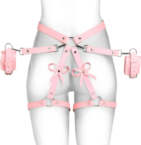 Vista 8 de STRICT Arnés Bondage negro con lazos para mujeres, hombres y parejas BDSM, sujetadores de cuero vegano para submarinos, mediano grande, negro