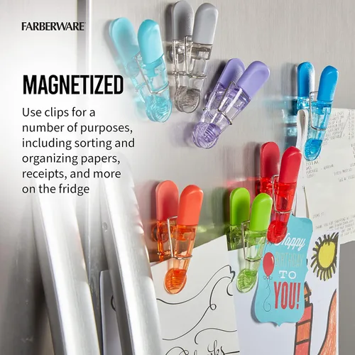 Vista 4 de Farberware Clips para bolsa, juego de 15 clips magnéticos translúcidos para almacenamiento de alimentos, colores surtidos con agarres