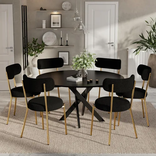Vista 9 de Moderno juego de mesa de comedor redonda de 3 piezas, mesa de MDF circular negra y 2 sillas de comedor negras Boucle, muebles de cocina con marco