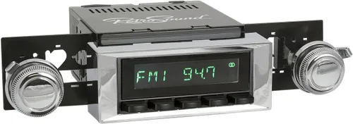 Vista 4 de Retro Manufacturing HB-115-121-03-73 Hermosa Radio de ajuste directo para vehículo clásico (cara negra y botones y bisel cromado)