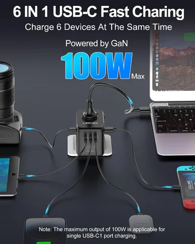 Vista 4 de Adaptador de viaje universal GaN de 100 W, 5 puertos USB C/A + salida GaN 100W-Negro+Blanco