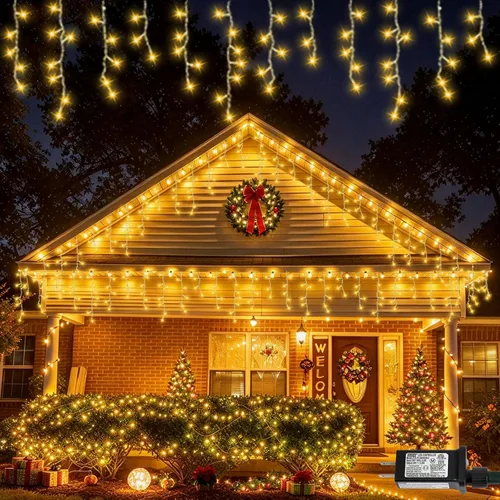Vista 19 de Luces de carámbano azules y blancas para exteriores, tira de 400 luces LED de 33 pies para interiores, 8 modos conectables, luz de Navidad de Azul