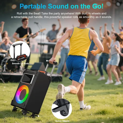 Vista 8 de JYX Máquina de karaoke con 2 micrófonos inalámbricos, woofer de 10 pulgadas, 500 W, potencia máxima, altavoz Bluetooth portátil grande con ajuste