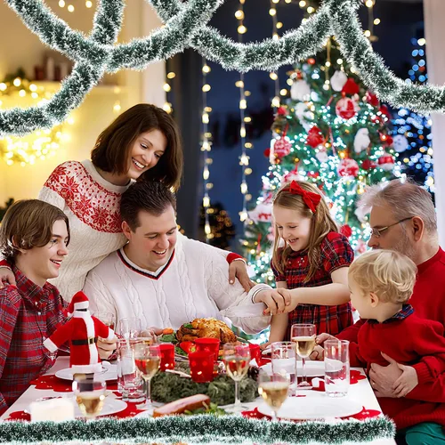 Vista 6 de Guirnalda de oropel verde de 50 pies para árbol de Navidad, decoraciones brillantes metálicas colgantes para decoración de árbol de Navidad