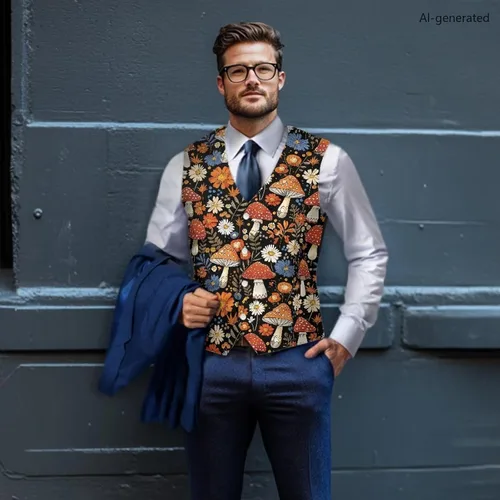 Vista 4 de TODIYADDU Single Breasted Sleeveless Vest for Men Tuxedo Vest Mushroom