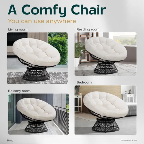 Vista 5 de Bme Silla Papasan ergonómica de mimbre de 40 pulgadas con cojín y marco suaves y gruesos, giro de 360°, círculo, lectura, silla cómoda para sala