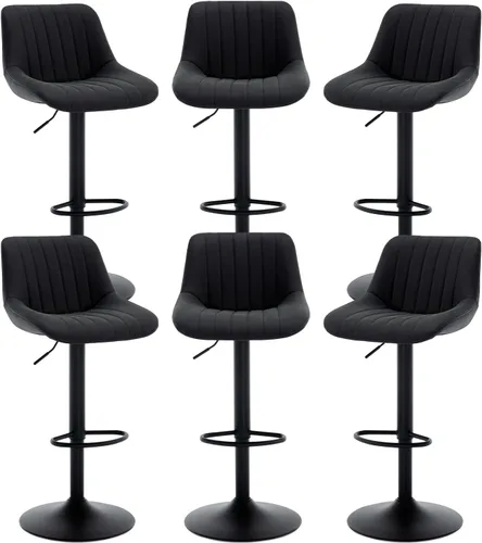 Vista 16 de Juego de 2 taburetes de bar ajustables de piel sintética, modernos taburetes giratorios con respaldo, base de metal negro y reposapiés, sillas