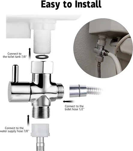 Vista 3 de Adaptador de bidé T con válvula de cierre: Válvula T de latón de 3 vías para bidé 7/8 "x 7/8" X 1/2" - Conector en T a prueba de fugas Ajuste