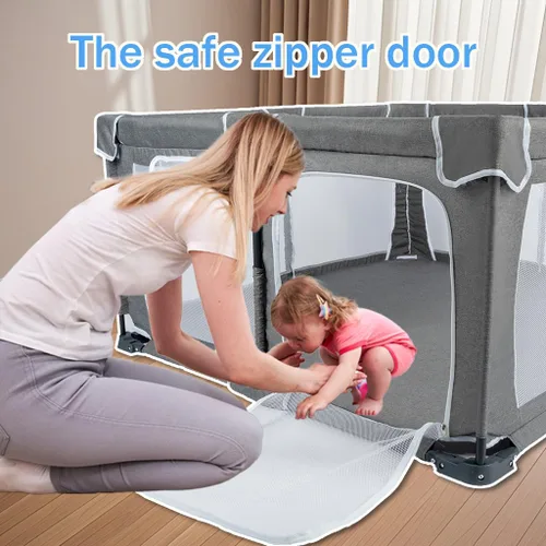 Vista 2 de Corralito plegable para bebés de 59"x71", corralito para bebés y niños pequeños con alfombra, corralito plegable con puerta, área