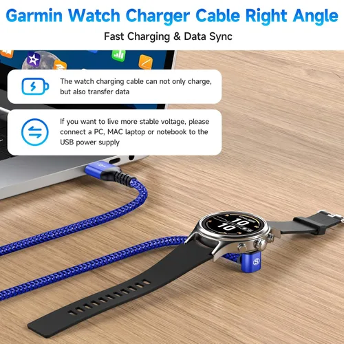 Vista 2 de Garmin - Cable cargador para reloj en ángulo recto, carga rápida, nailon trenzado, 4 pies Azul