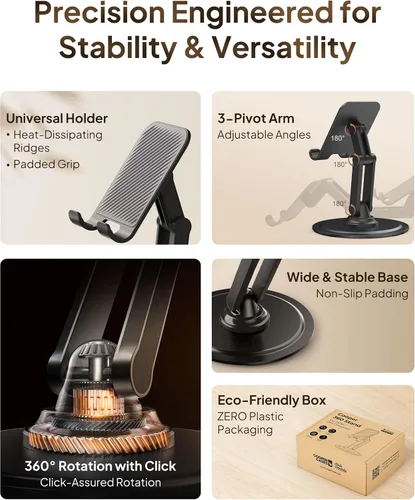 Vista 3 de COOPER Soporte 360°, Soporte Giratório para Celular de Escritorio Base de Metal Resistente, Plegable, Portátil Soporte para Celular