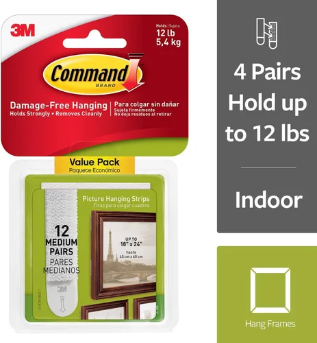 Vista 2 de Command Tiras para colgar cuadros, medianas, blancas, 12 pares por paquete, se venden por paquete de 3, 36 pares en total (17204-12ES)