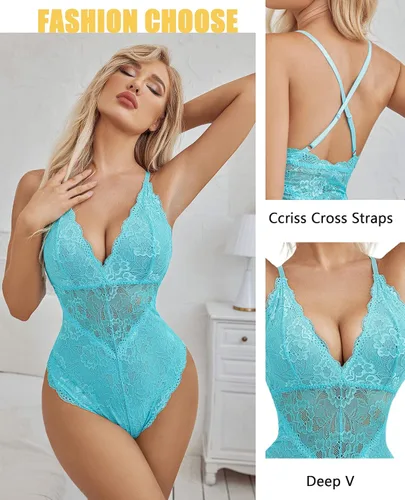 Vista 5 de Avidlove - Lencería sexy de encaje para mujer, body con escote pronunciado, babydoll de una pieza con broche de presión en la entrepierna