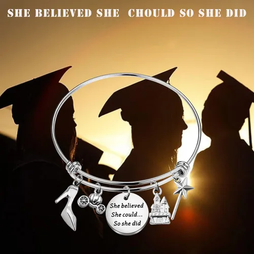 Vista 3 de PLITI Pulsera ajustable de acero inoxidable con texto en inglés "She Believed She Could So She Did", regalo para fanáticos de hadas