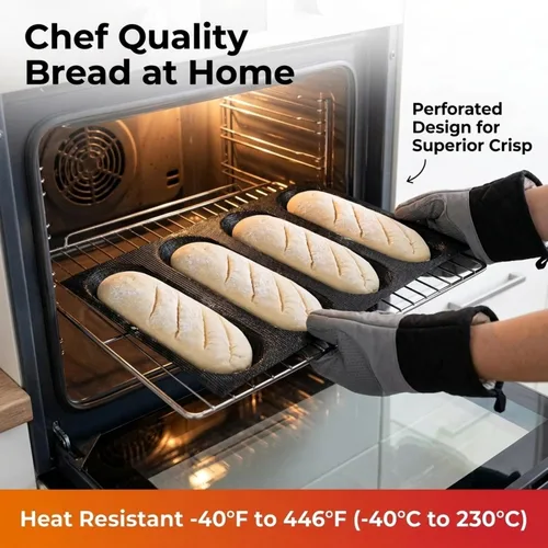 Vista 4 de Dioycli Molde de pan de silicona para hornear pan grande de baguette sartén perforada para bollos de perritos calientes, 4 panes, alfombrilla