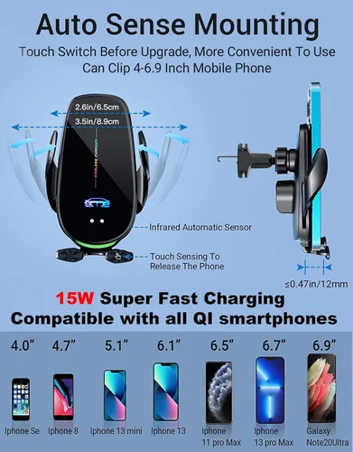 Vista 4 de Soporte inalámbrico para cargador de automóvil, carga rápida, sujeción automática de 15 W, soporte inteligente de inducción de control dual