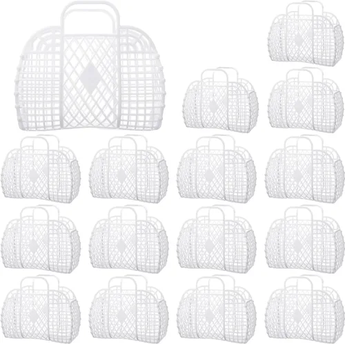 Vista 10 de Hsei 16 bolsas de gelatina para niñas, cesta de Pascua, reutilizable, bolsa de playa de plástico para playa, cesta de regalo para niños y niñas Beige