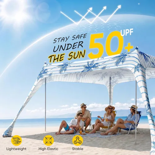 Vista 9 de Sekey Toldo de playa de aluminio con protección solar UPF 50+ - Toldo de playa portátil de 10 x 10 pies con cuerda resistente al viento y postes
