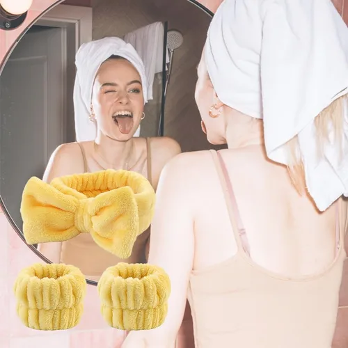 Vista 5 de Diadema para lavar la cara para mujeres y niñas, pulseras de lavado facial para mujeres y niñas, diadema de spa para niñas y mujeres, Amarillo