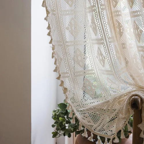 Vista 3 de Bringsine - Cortinas de crochet bohemias de algodón para sala de estar, cortinas de ventana para dormitorio con oscurecimiento, cortina