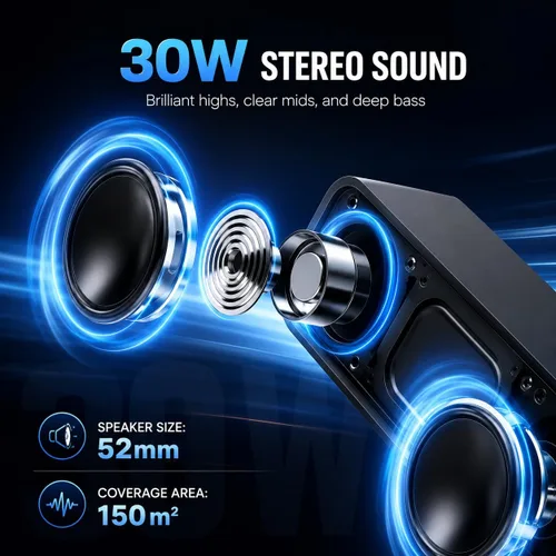 Vista 2 de Altavoz Bluetooth portátil, altavoz inalámbrico estéreo de 30 W con graves profundos y luces RGB, Bluetooth 5.4, IPX7 impermeable, tiempo