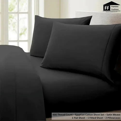 Vista 2 de Juego de sábanas divididas Queen para cama ajustable, tejido satinado suave, 600 hilos, 100% algodón egipcio, juego de 5 piezas con 2 sábanas Negro