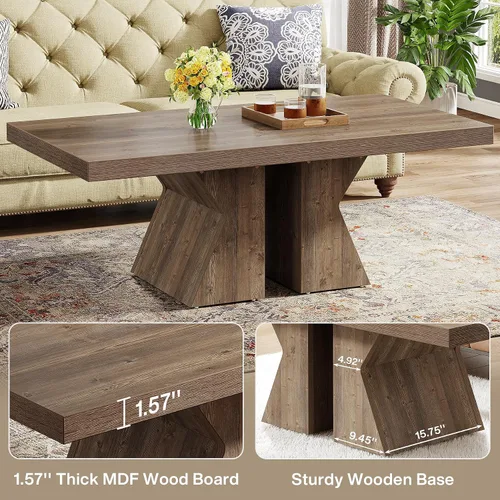 Vista 6 de Tribesigns Mesa de centro de madera, mesa central rectangular de 47 pulgadas con base de madera gruesa, mesa de cóctel con aspecto de madera