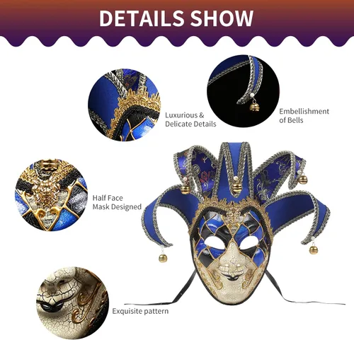 Vista 2 de BLEVET Máscara de mascarada para hombres y mujeres, veneciana veneciana de cara completa, máscara de Mardi Gras, fiesta de Halloween, talla única