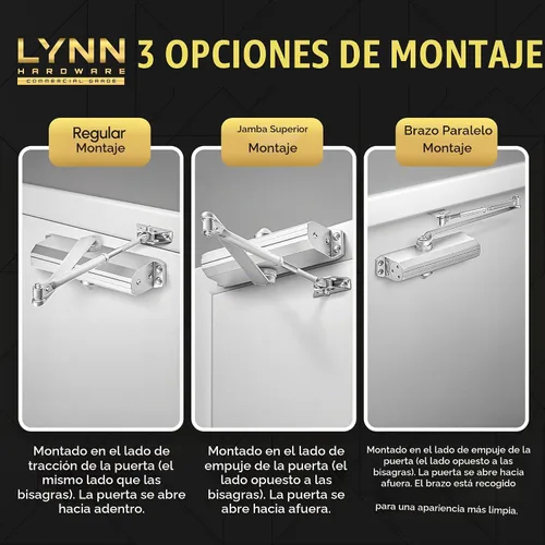 Vista 4 de LYNN HARDWARE Cierrapuertas automático de servicio medio/resistente (plateado) - grado comercial, elección de contratistas, velocidad y fuerza