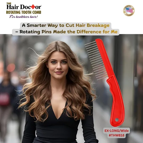 Vista 5 de The Hair Doctor - Peine de pelo extra largo de 1 1/4 pulgadas con dientes giratorios suaves y sedosos para evitar daños en el cabello (rojo hermoso)