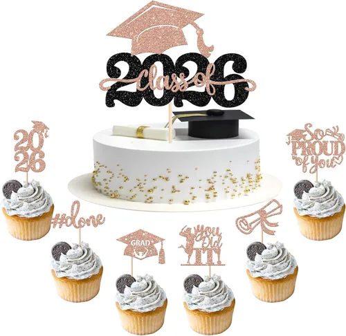 Vista 27 de Paquete de 24 adornos para cupcakes de clase de 2026 con purpurina 2026 para diploma de graduación 2026, selecciones para cupcakes para graduación
