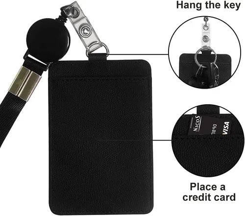Vista 3 de HYCOPROT Soporte para tarjetas de identificación con cordón, retráctil, de piel sintética, vertical, horizontal, para tarjetas de identificación