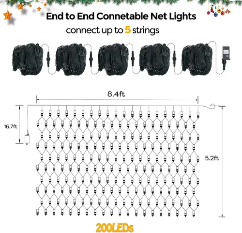 Vista 6 de WBao - Luces de Navidad, 200 LED de red de 8.4 x 5.2 pies, luz de malla para exteriores con 8 modos, temporizador, certificado UL, conectables