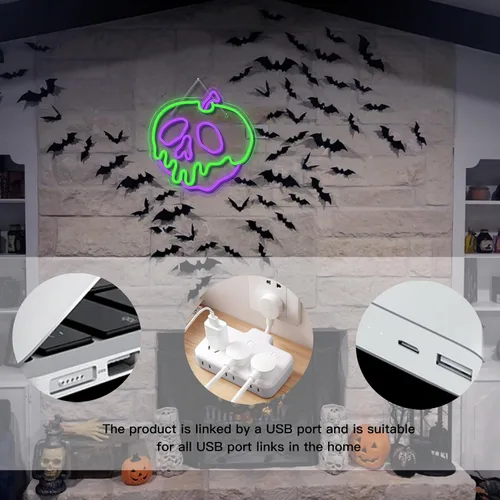 Vista 6 de WLHOPE Letrero de neón de Halloween regulable con calavera, manzana, para decoración de pared, luces LED de Halloween, conectividad USB, luces LED