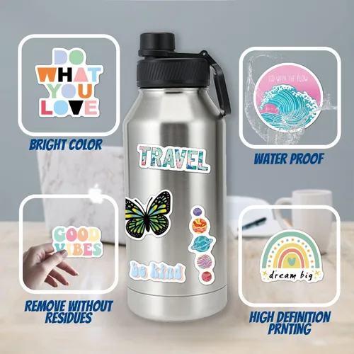 Vista 6 de 120 piezas de calcomanías Preppy, calcomanías de verano para botellas de agua para niñas, accesorio impermeable para laptop, lindas calcomanías